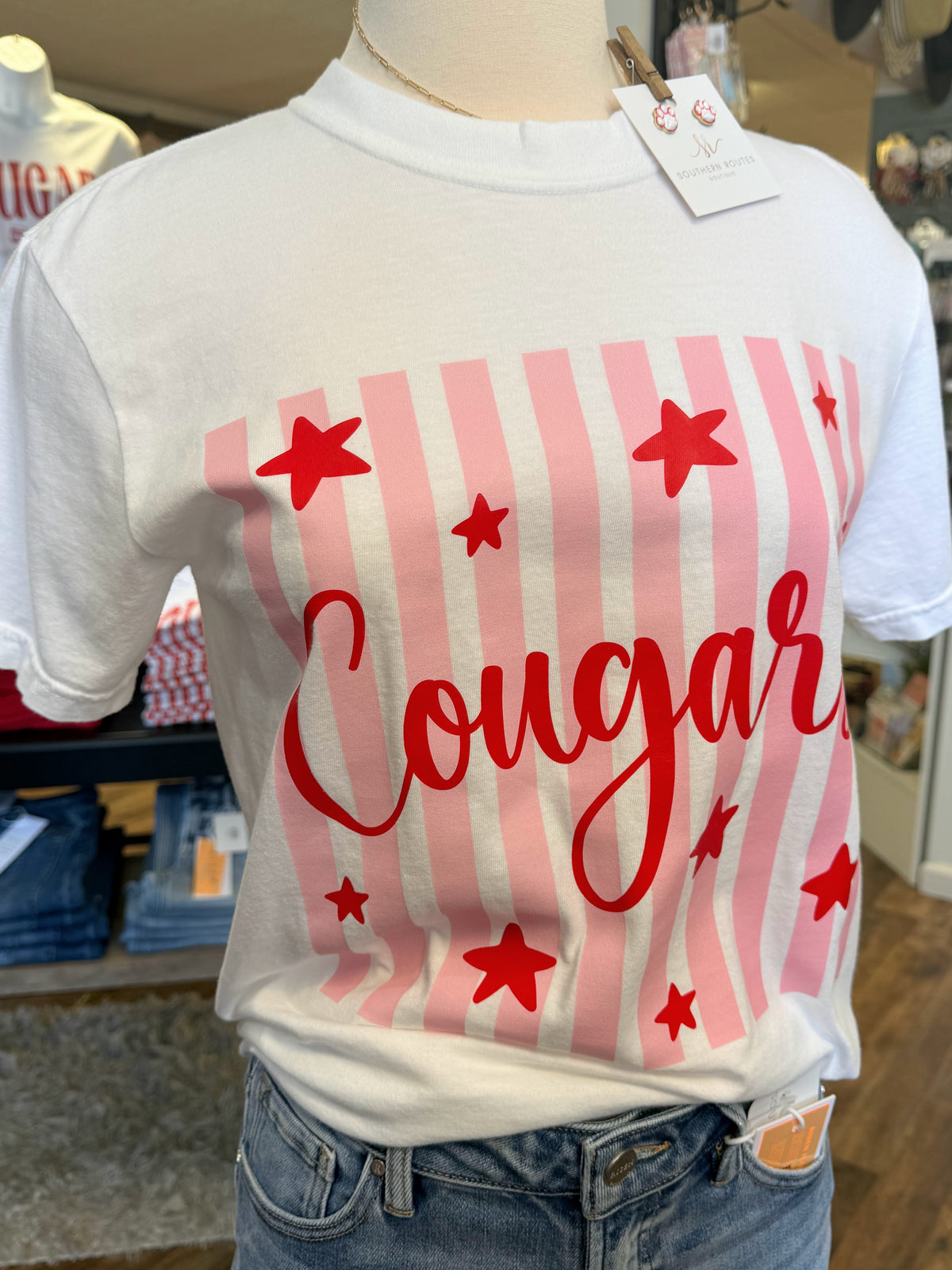 Cougars Pink Stripes+Stars Tee | White