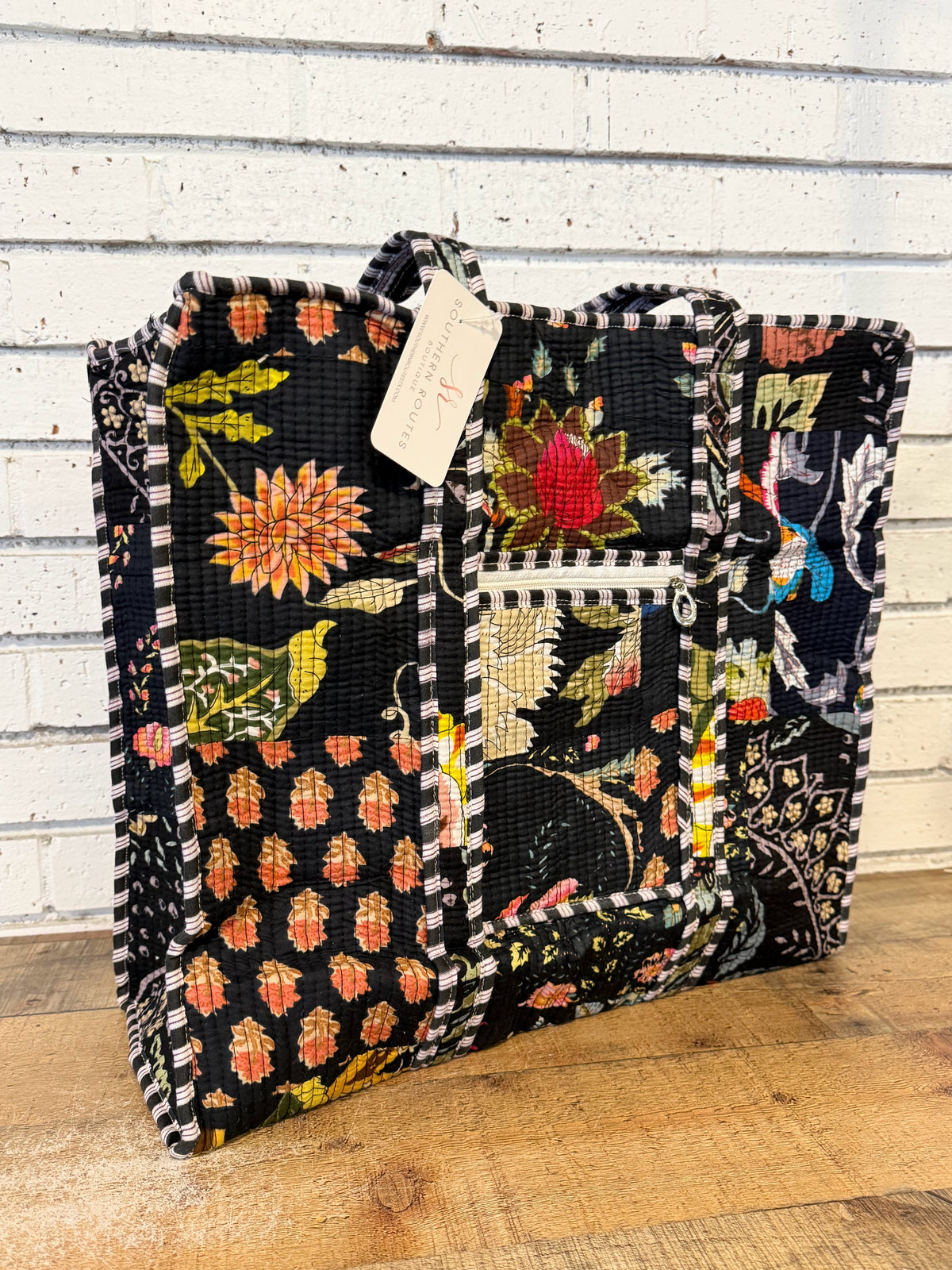 Quilted Mix Fabric Zip Tote Bag | Black Mix