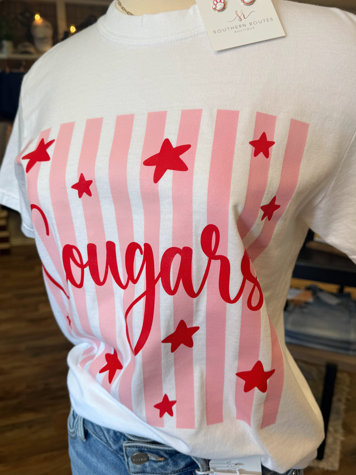 Cougars Pink Stripes+Stars Tee | White