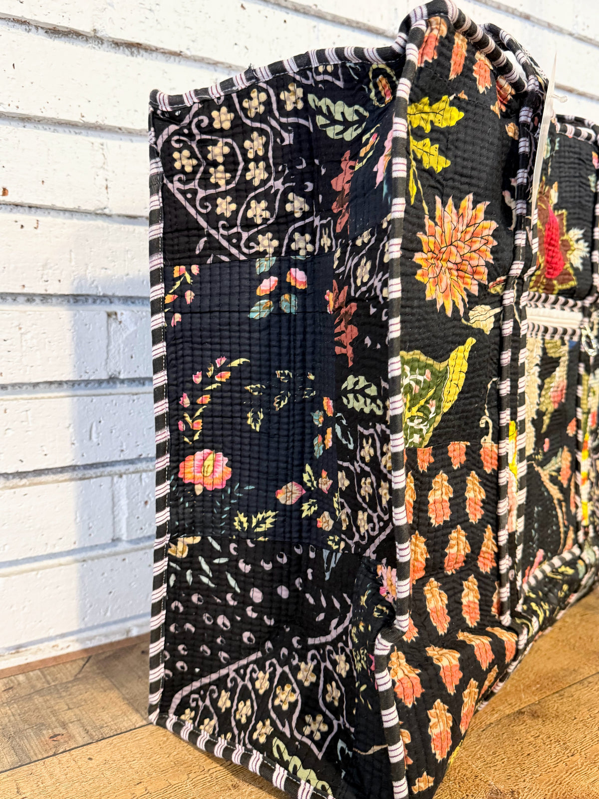 Quilted Mix Fabric Zip Tote Bag | Black Mix