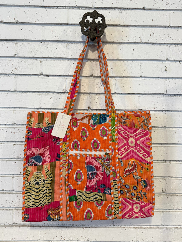 Quilted Mix Fabric Zip Tote Bag | Multi Pink/Orange Mix