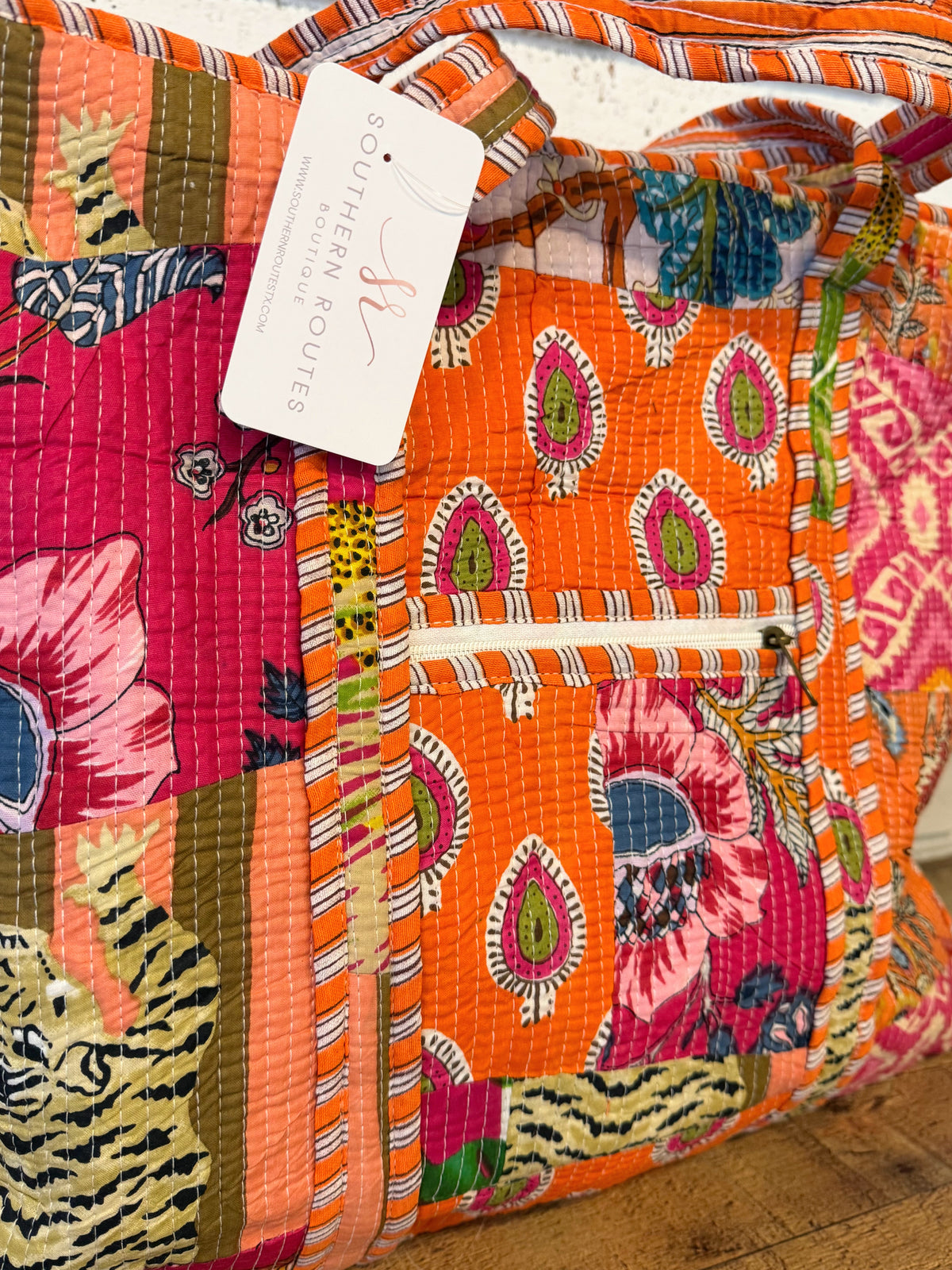 Quilted Mix Fabric Zip Tote Bag | Multi Pink/Orange Mix