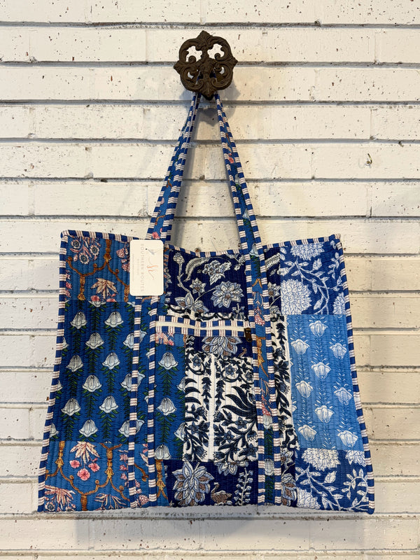Quilted Mix Fabric Zip Tote Bag | Blue Mix