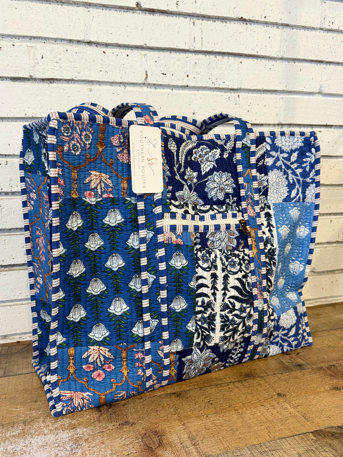 Quilted Mix Fabric Zip Tote Bag | Blue Mix