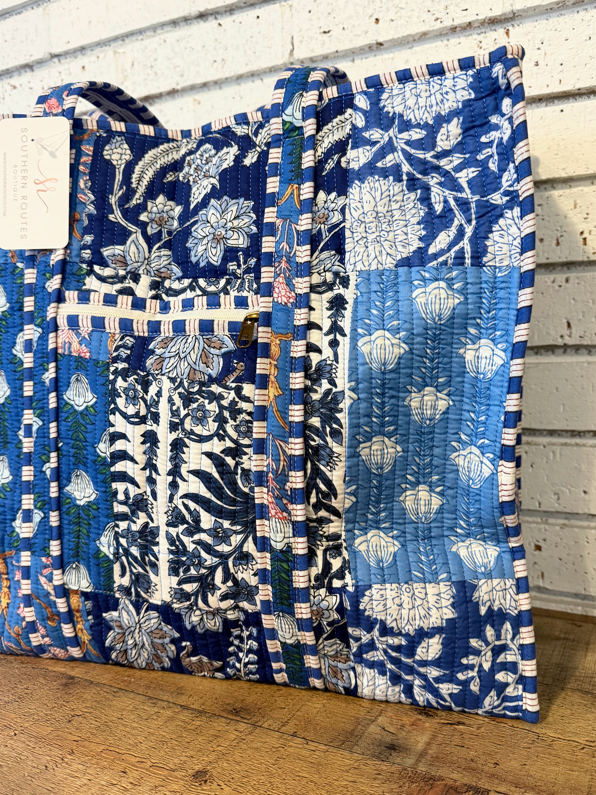 Quilted Mix Fabric Zip Tote Bag | Blue Mix