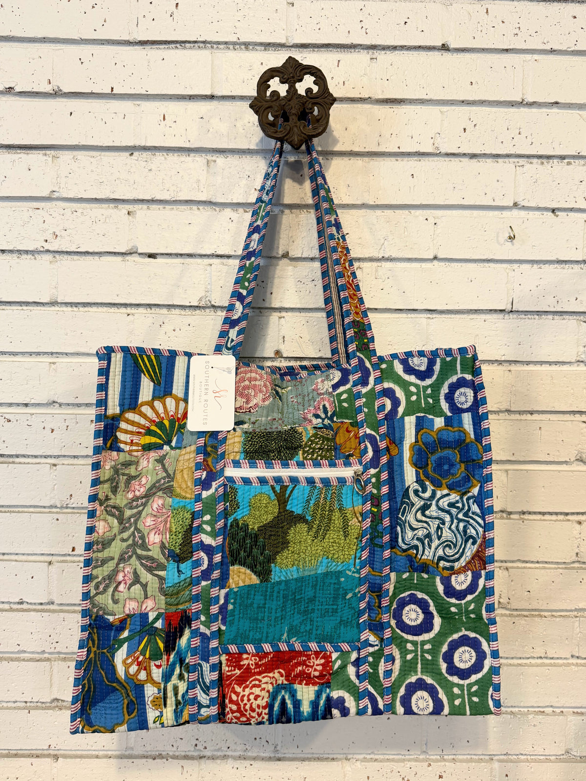 Quilted Mix Fabric Zip Tote Bag | Bright Blue Mix