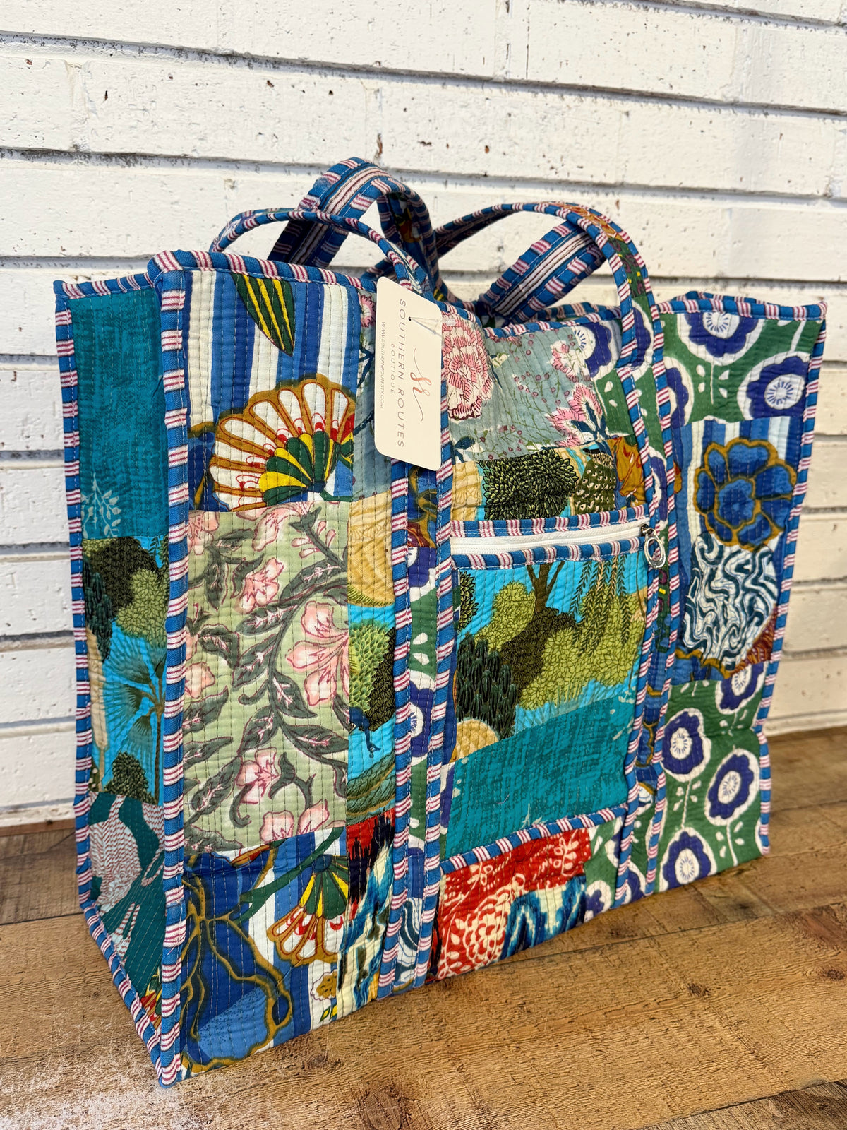 Quilted Mix Fabric Zip Tote Bag | Bright Blue Mix