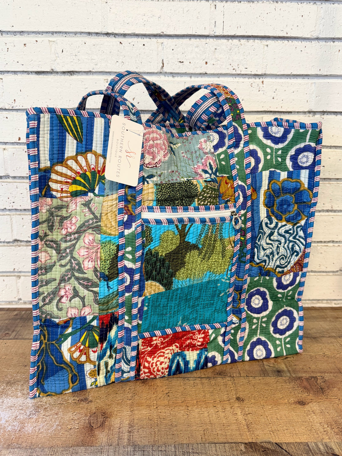 Quilted Mix Fabric Zip Tote Bag | Bright Blue Mix