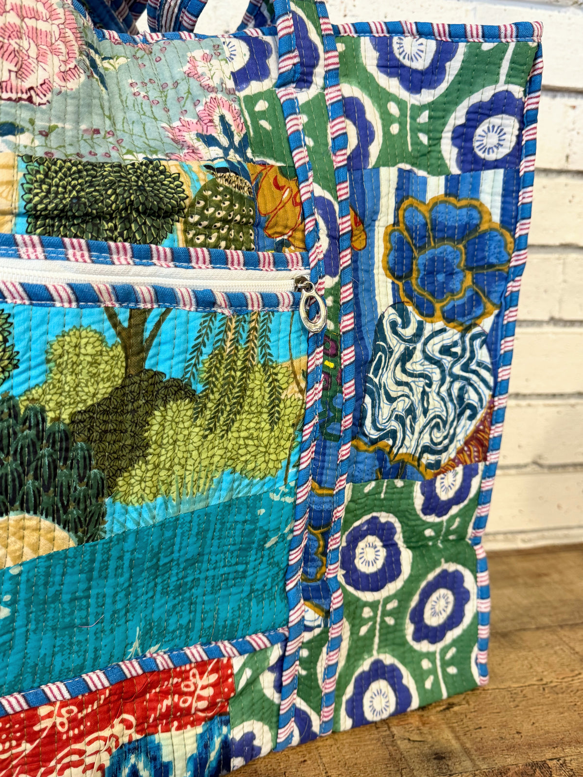 Quilted Mix Fabric Zip Tote Bag | Bright Blue Mix