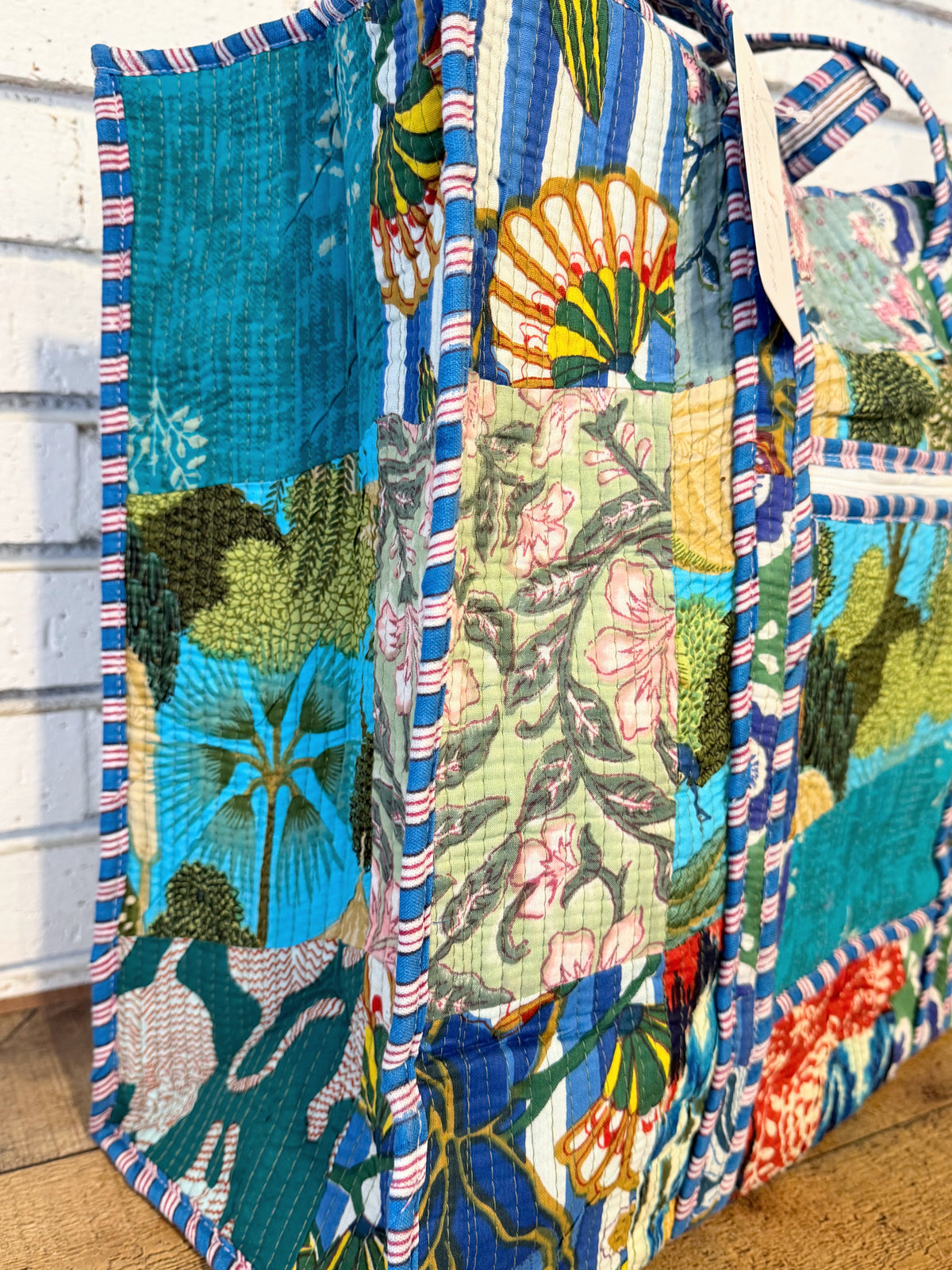 Quilted Mix Fabric Zip Tote Bag | Bright Blue Mix