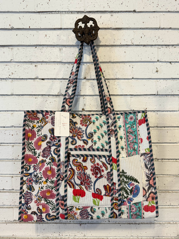 Quilted Mix Fabric Zip Tote Bag | White Multi Mix