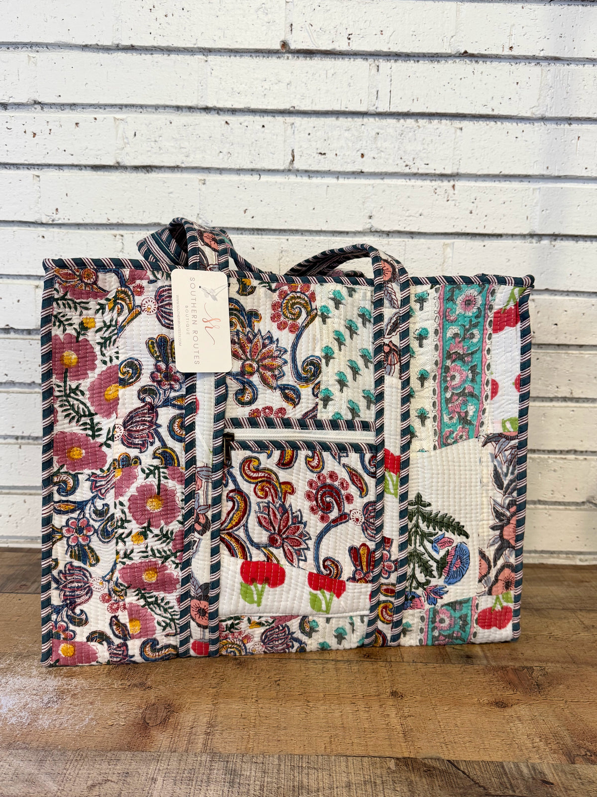 Quilted Mix Fabric Zip Tote Bag | White Multi Mix