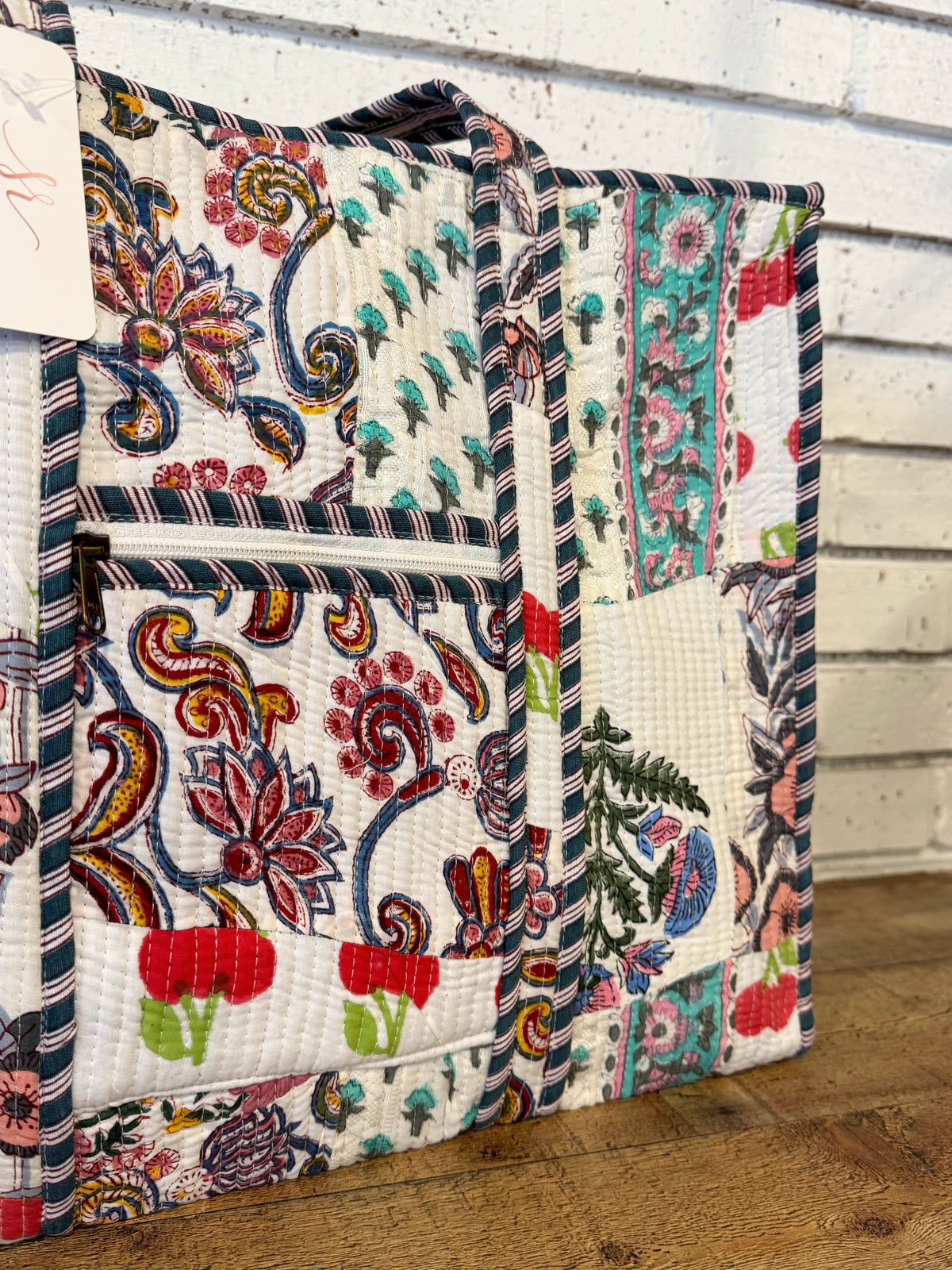 Quilted Mix Fabric Zip Tote Bag | White Multi Mix