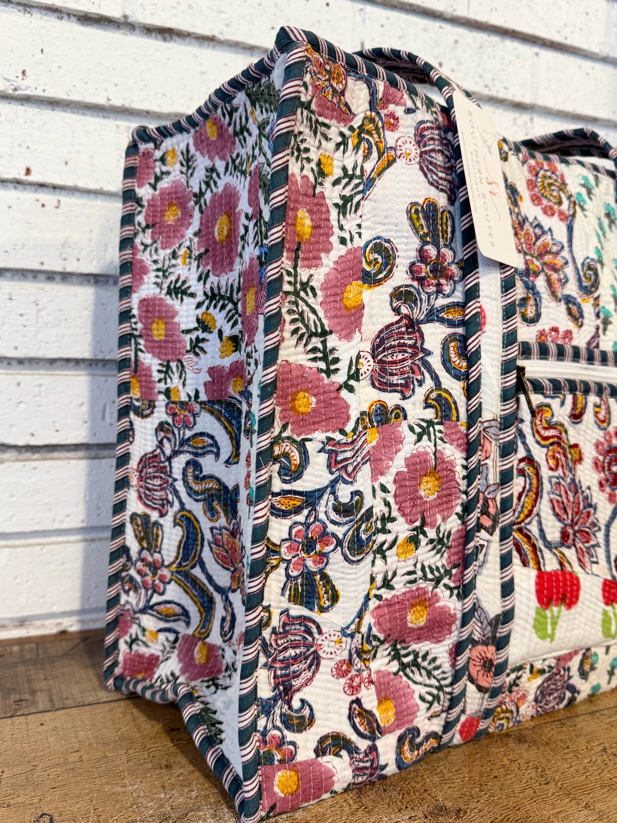 Quilted Mix Fabric Zip Tote Bag | White Multi Mix