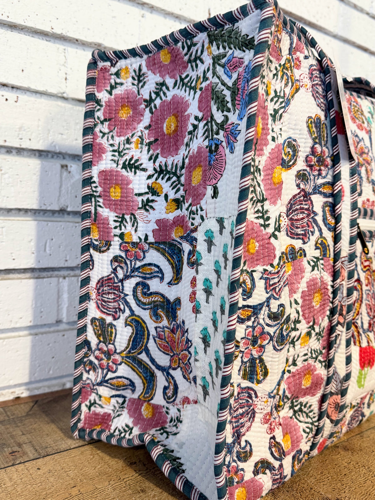 Quilted Mix Fabric Zip Tote Bag | White Multi Mix