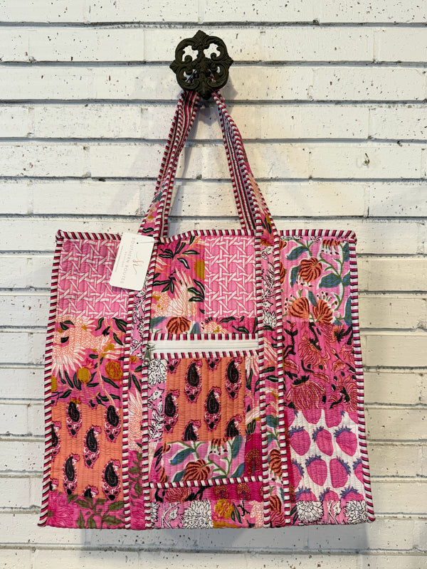 Quilted Mix Fabric Zip Tote Bag | Pink Mix