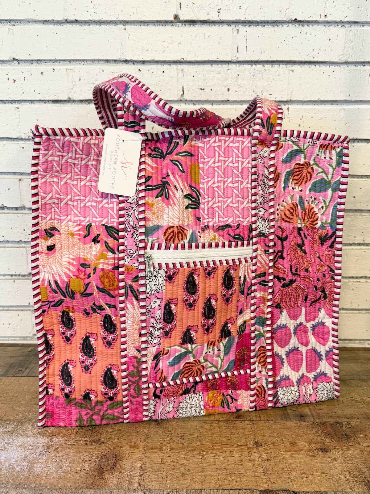 Quilted Mix Fabric Zip Tote Bag | Pink Mix