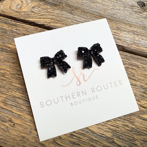 Ribbon Bow Crystal Pave Stud Earrings | Black
