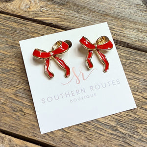 Ribbon Bow Long Stud Earrings | Red/Gold