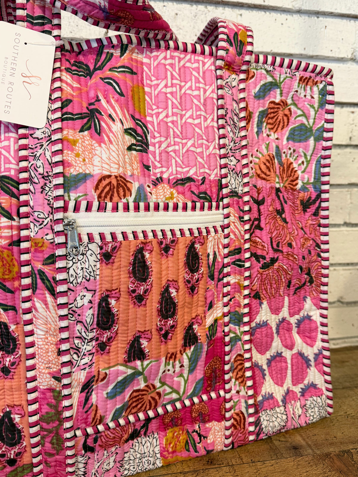 Quilted Mix Fabric Zip Tote Bag | Pink Mix