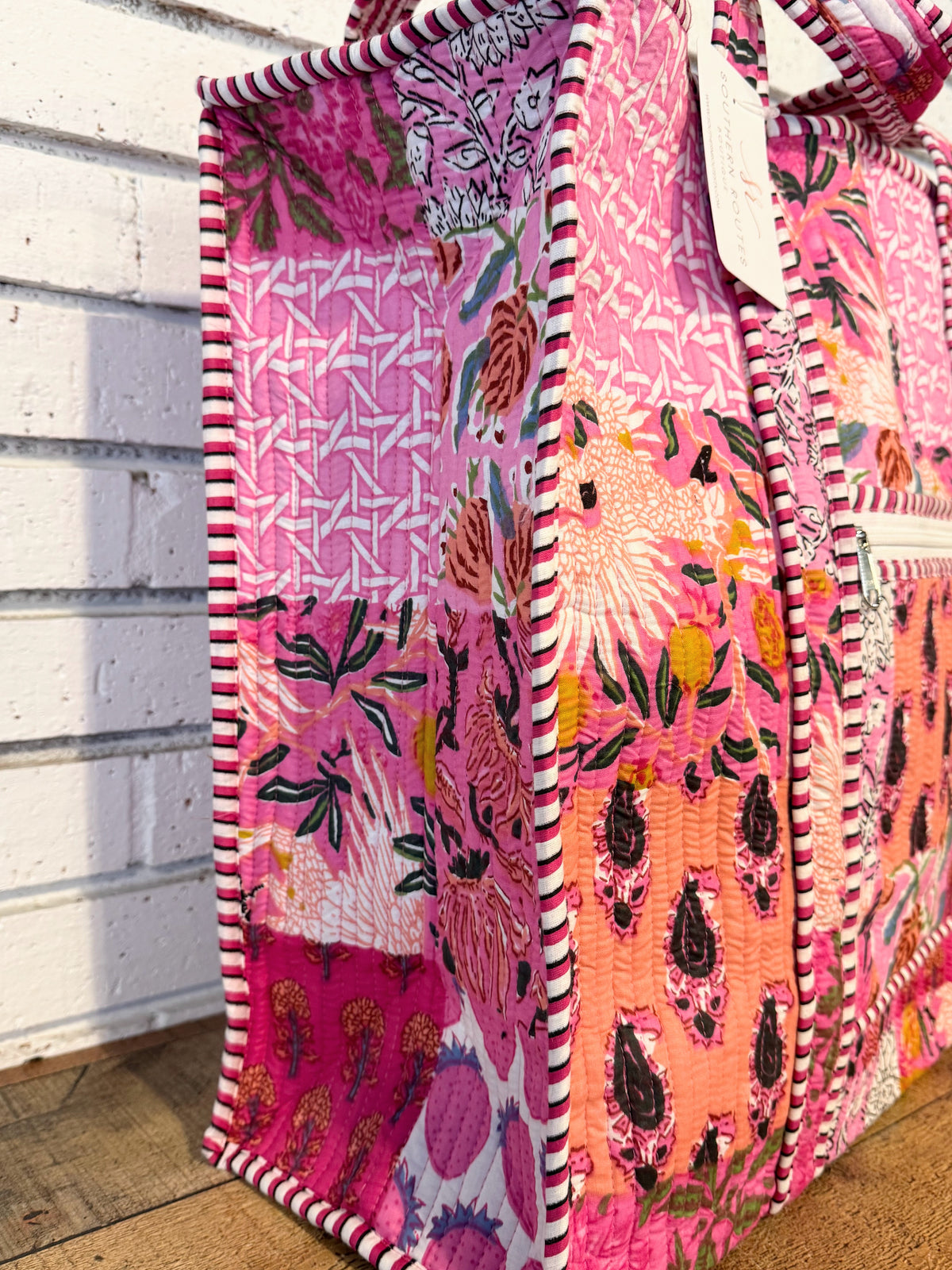 Quilted Mix Fabric Zip Tote Bag | Pink Mix