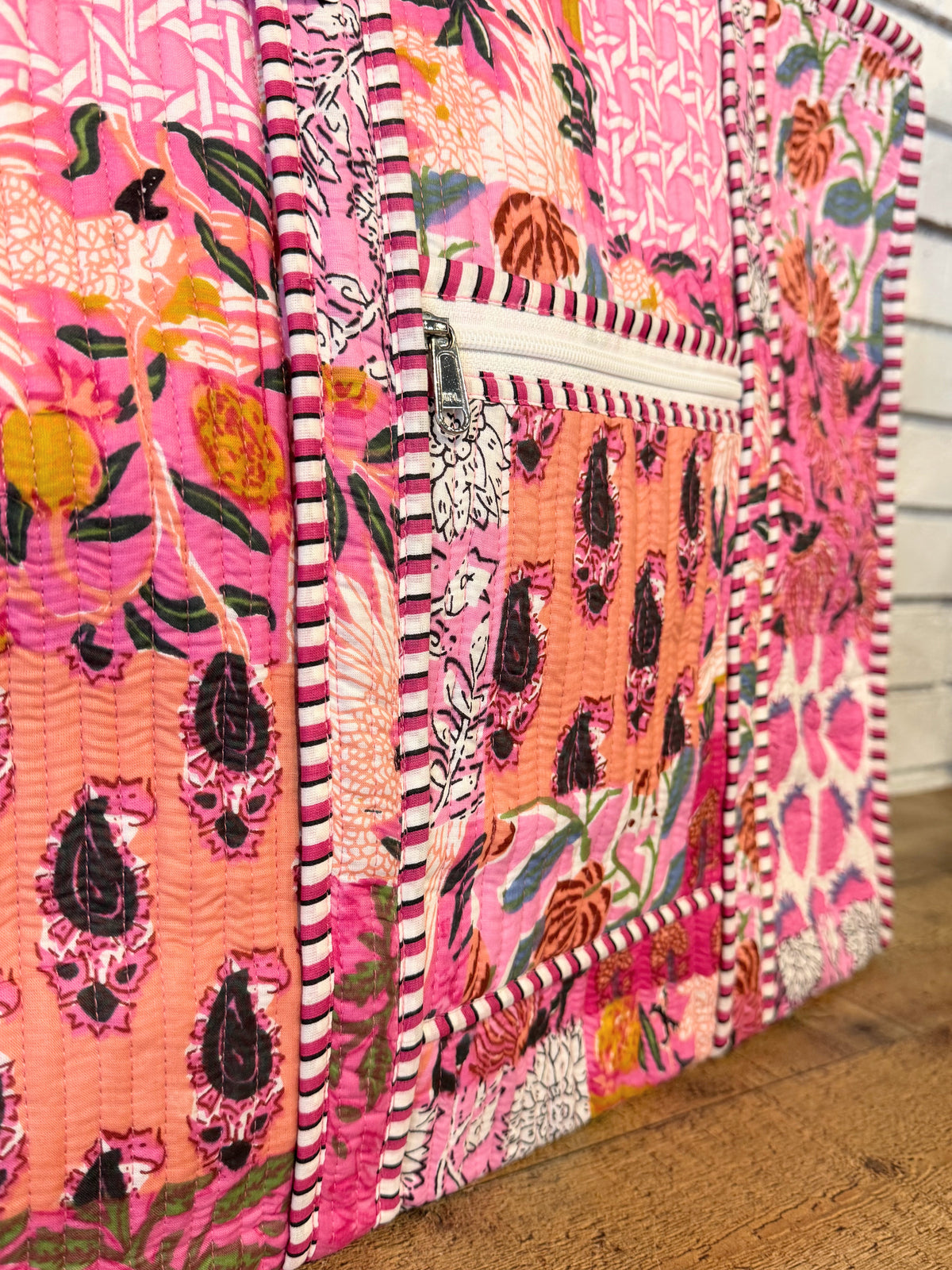 Quilted Mix Fabric Zip Tote Bag | Pink Mix