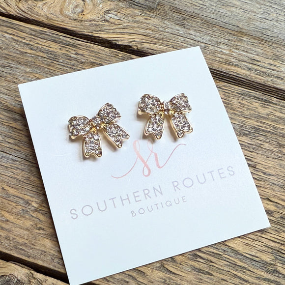 Ribbon Bow Crystal Pave Stud Earrings | Gold Clear
