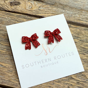 Ribbon Bow Crystal Pave Stud Earrings | Red