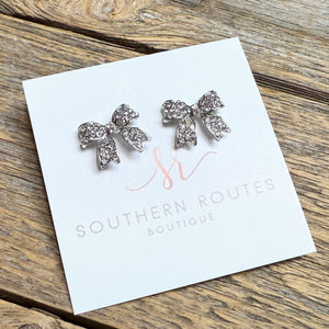 Ribbon Bow Crystal Pave Stud Earrings | Silver Clear