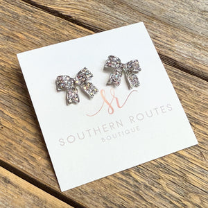 Ribbon Bow Crystal Pave Stud Earrings | Silver AB