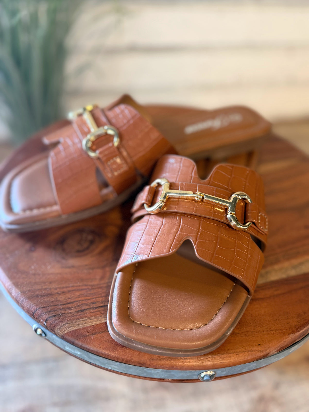 Luxe Croc Horsebit Slide Sandal | Tan
