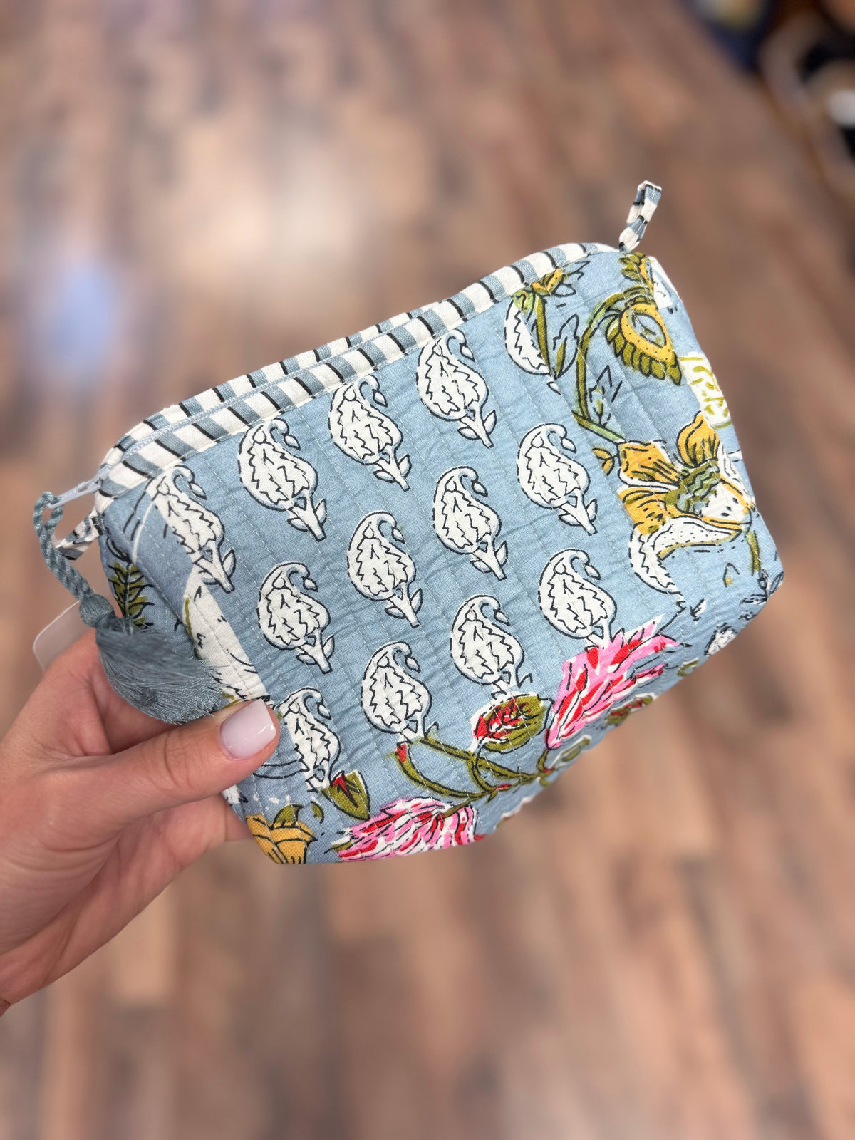 Small Quilted Mix Fabric Zip Cosmetic Bag | Dusty Blue Mix