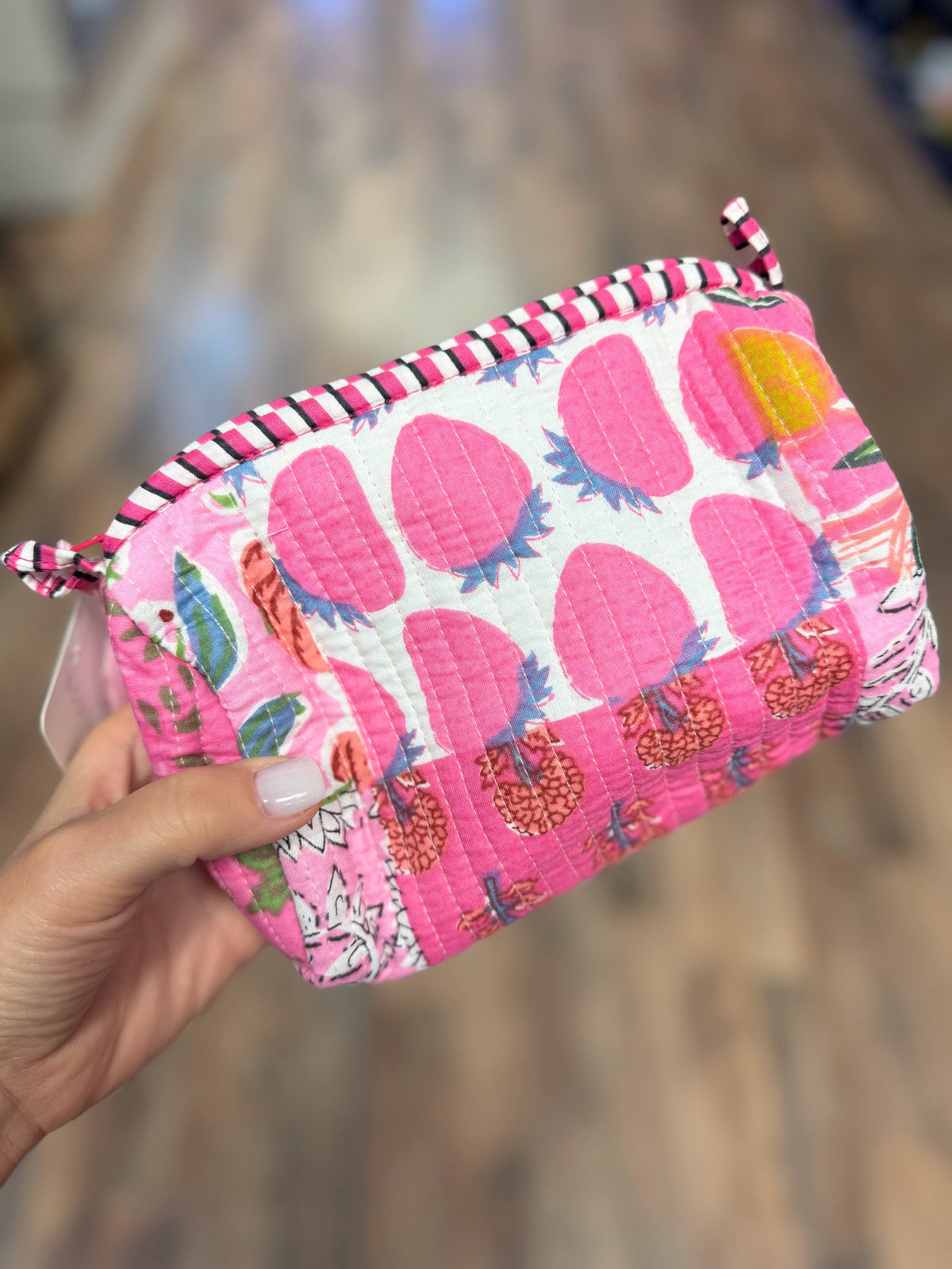Small Quilted Mix Fabric Zip Cosmetic Bag | Hot Pink Mix