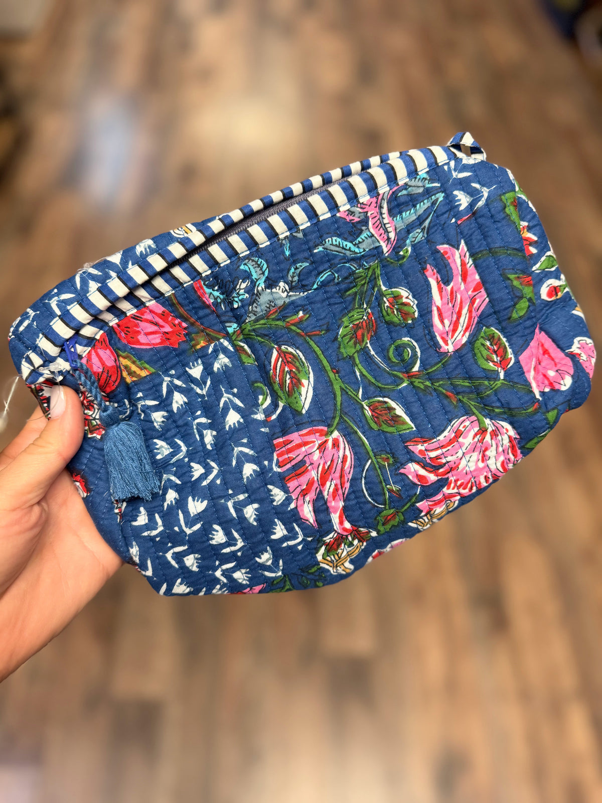 Medium Quilted Mix Fabric Zip Cosmetic Bag | Blue Mix