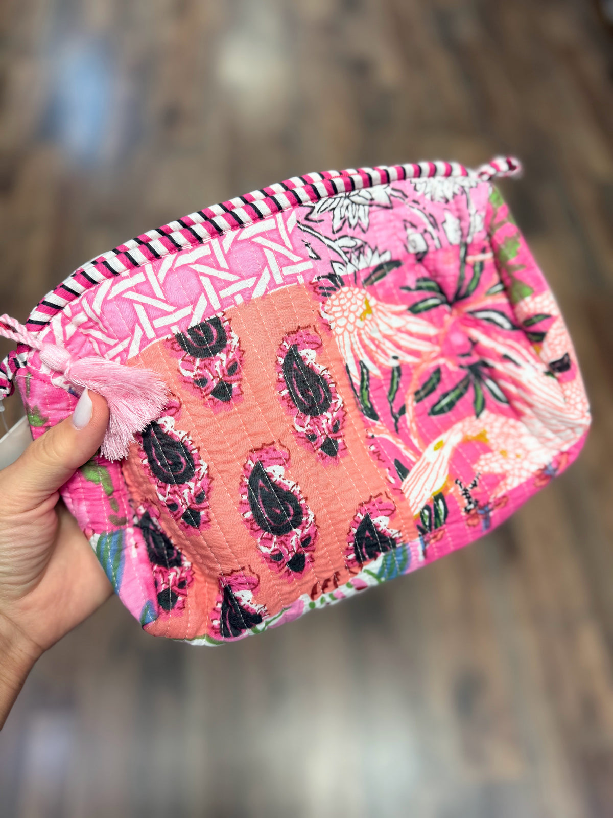 Medium Quilted Mix Fabric Zip Cosmetic Bag | Hot Pink Mix