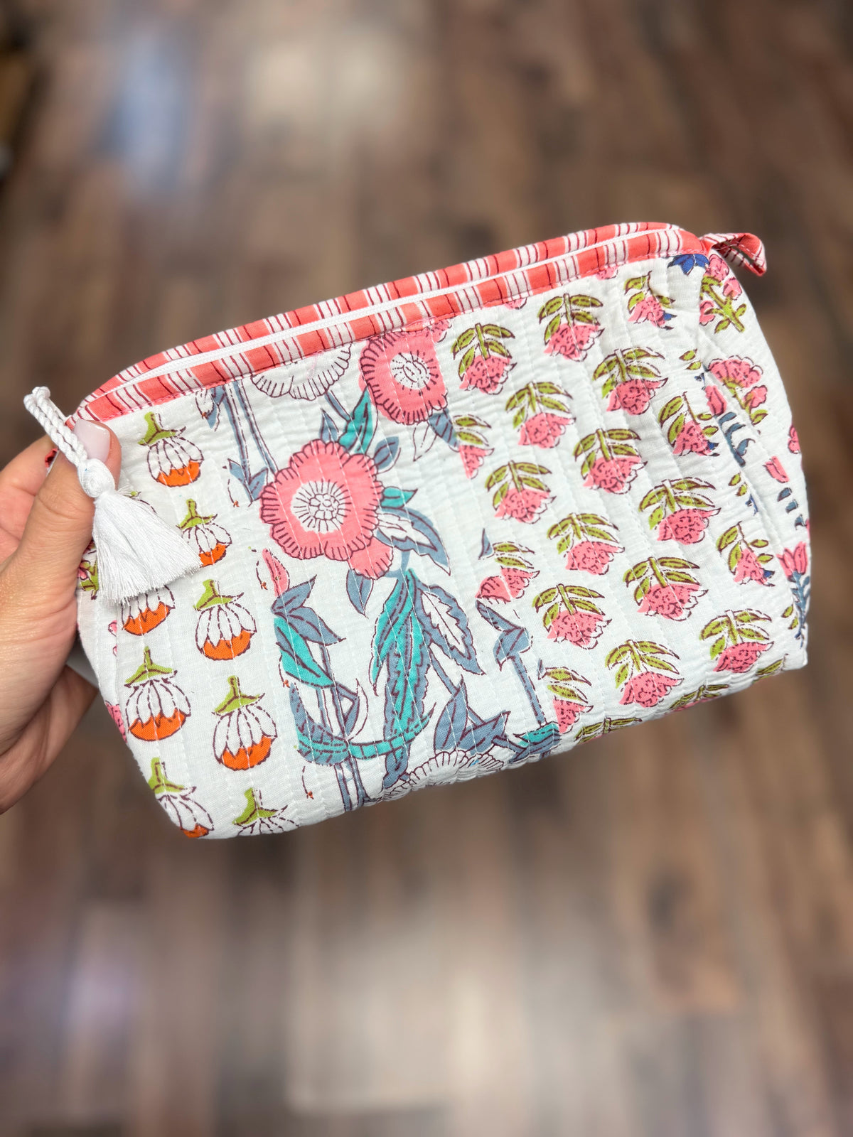 Medium Quilted Mix Fabric Zip Cosmetic Bag | Ivory Pink Mix