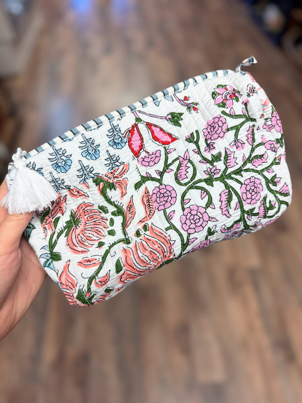 Medium Quilted Mix Fabric Zip Cosmetic Bag | Ivory Mix