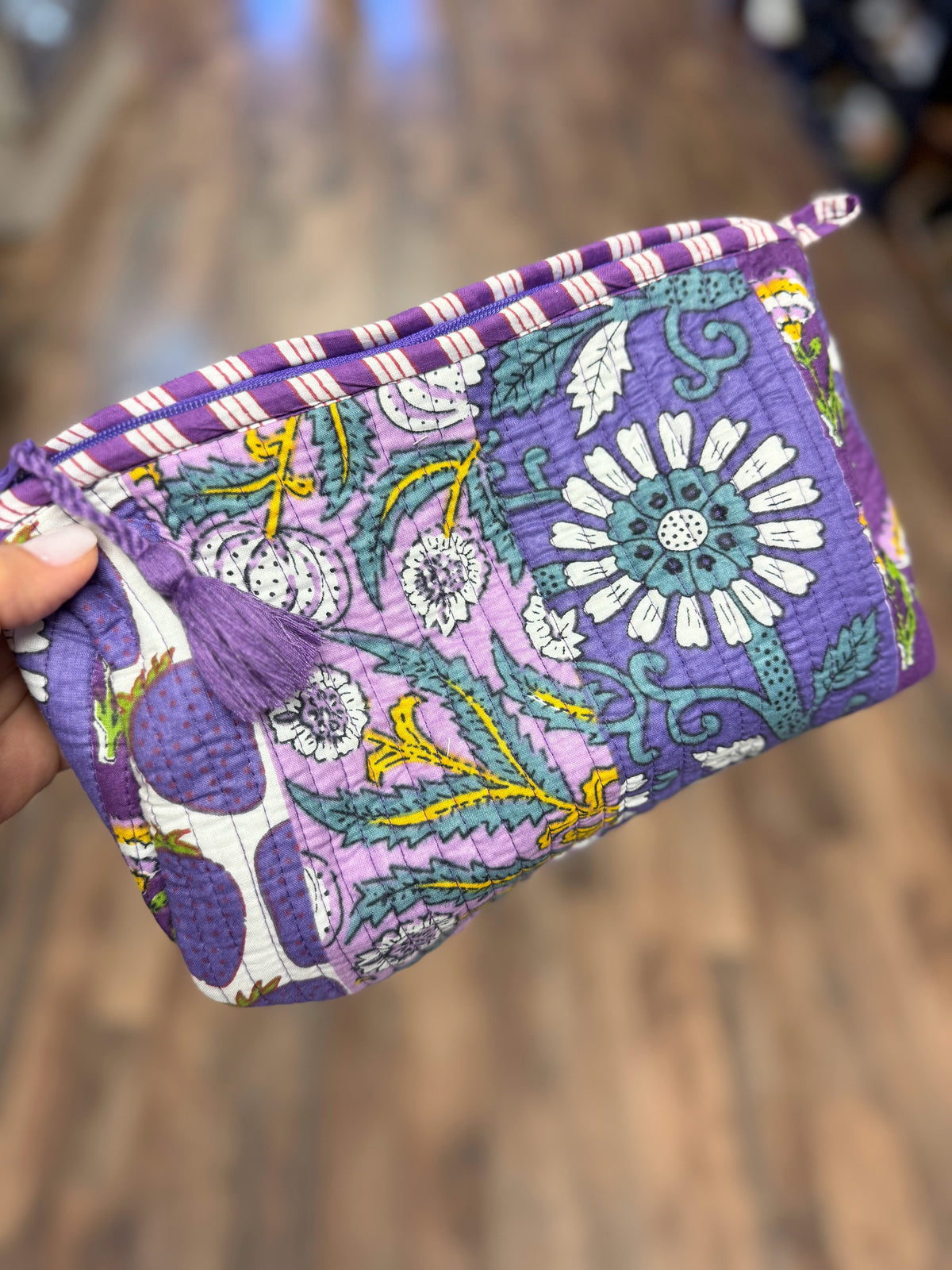 Medium Quilted Mix Fabric Zip Cosmetic Bag | Purple Mix
