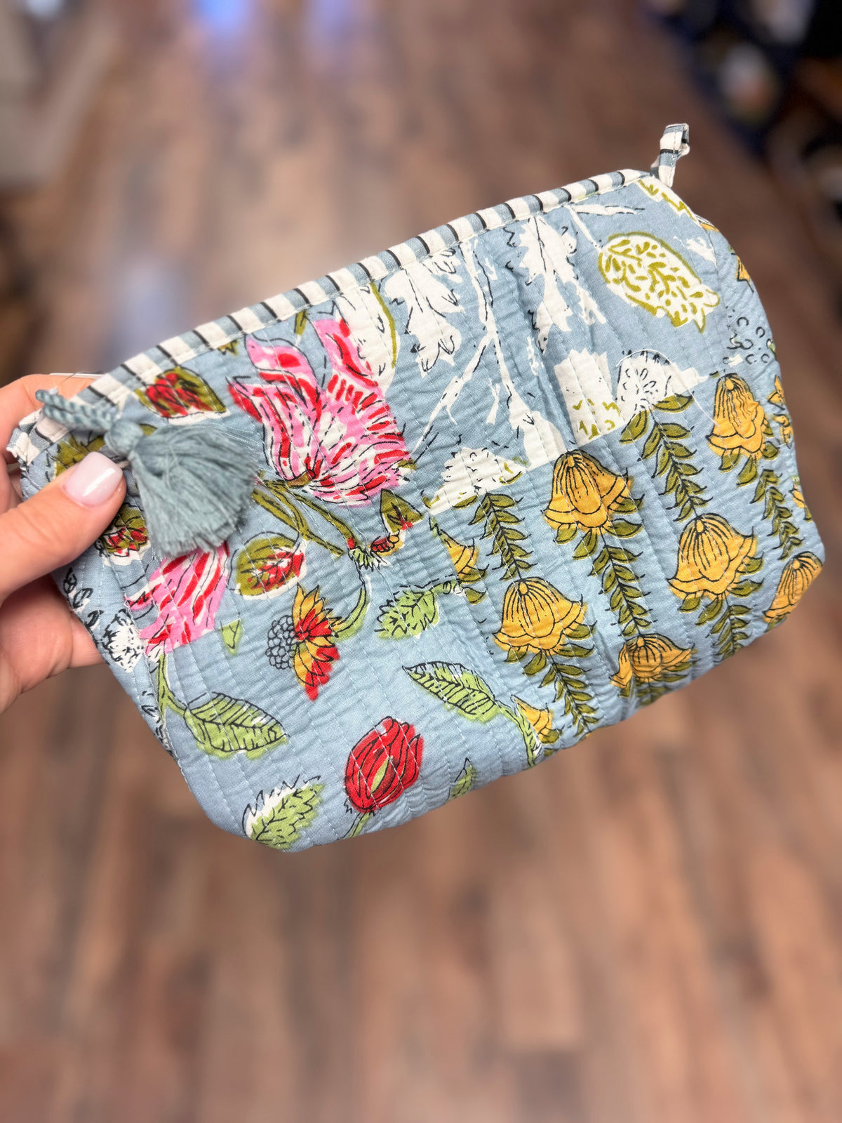 Medium Quilted Mix Fabric Zip Cosmetic Bag | Dusty Blue Mix