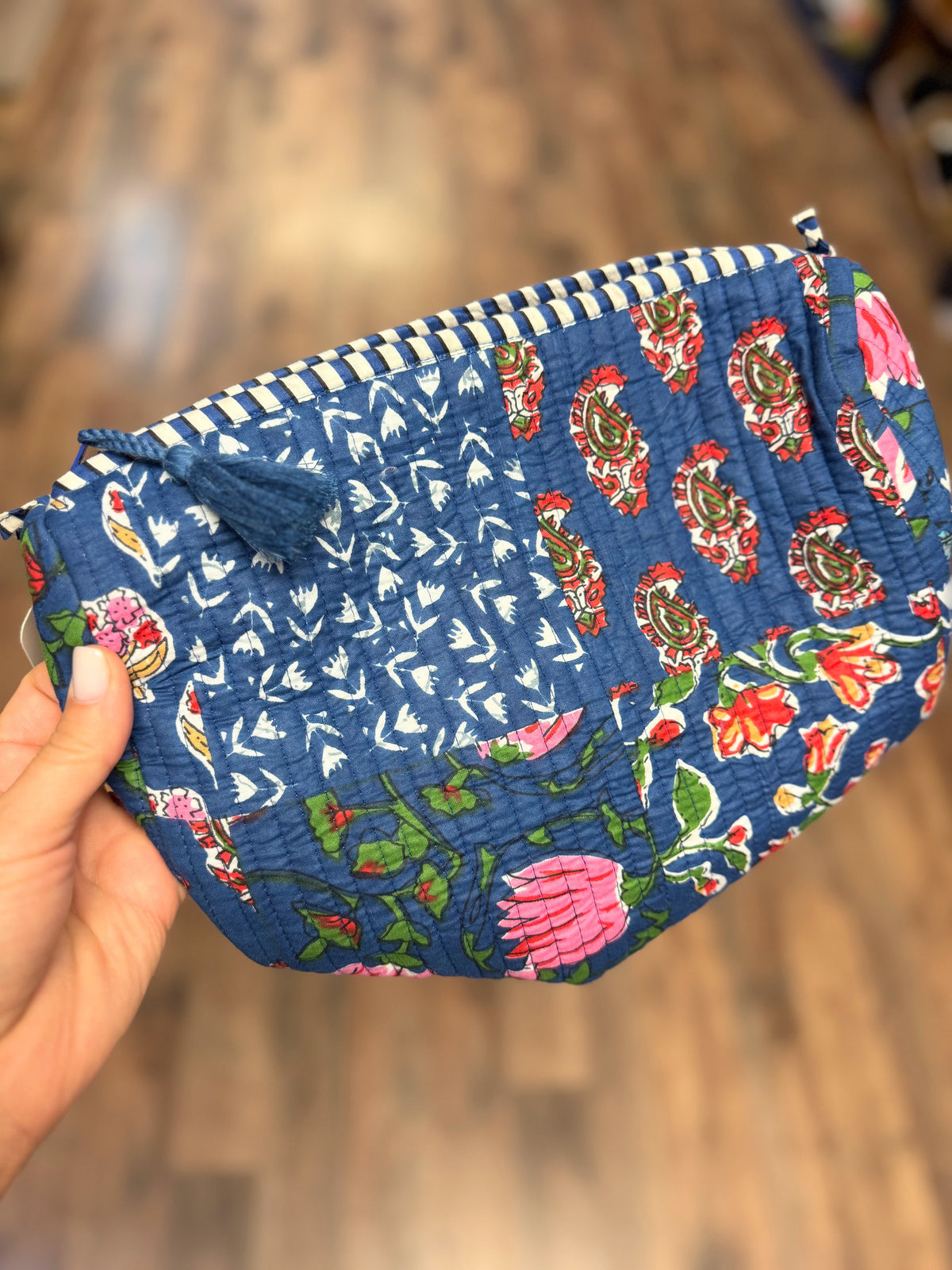 Large Quilted Mix Fabric Zip Cosmetic Bag | Blue Mix