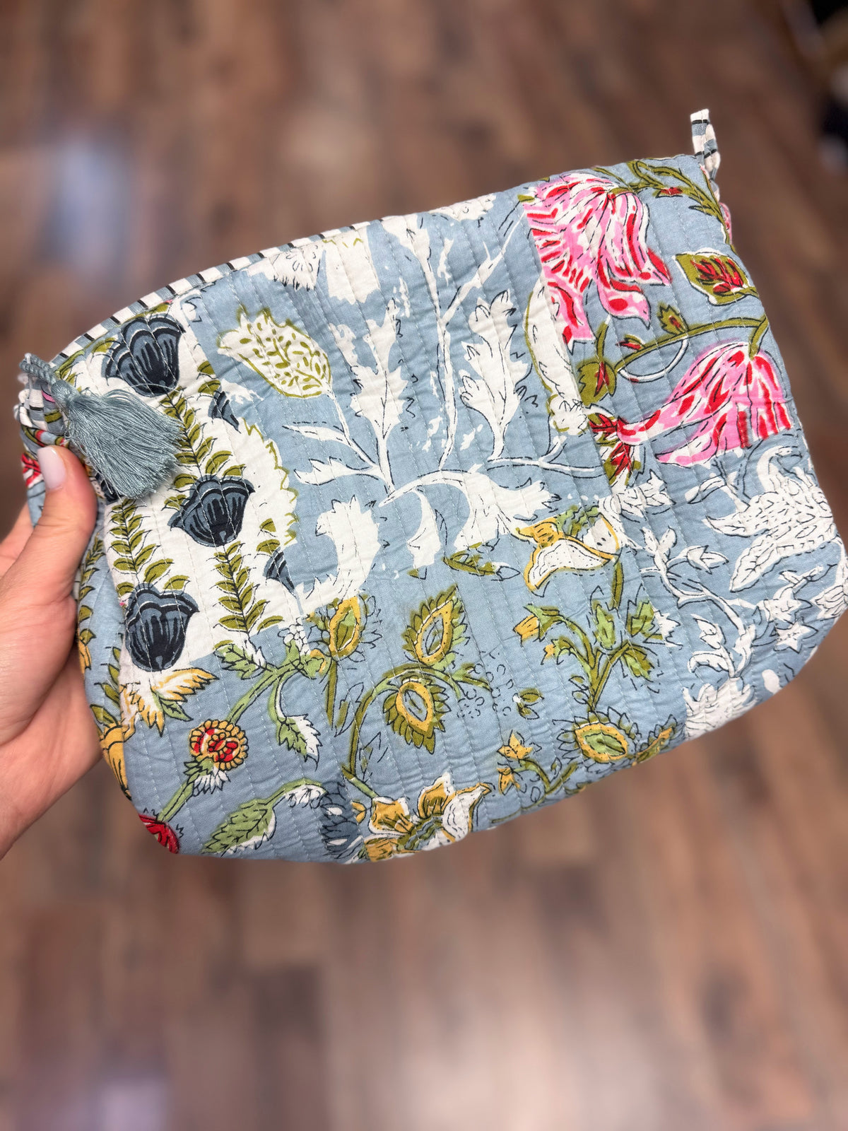 Large Quilted Mix Fabric Zip Cosmetic Bag | Dusty Blue Mix