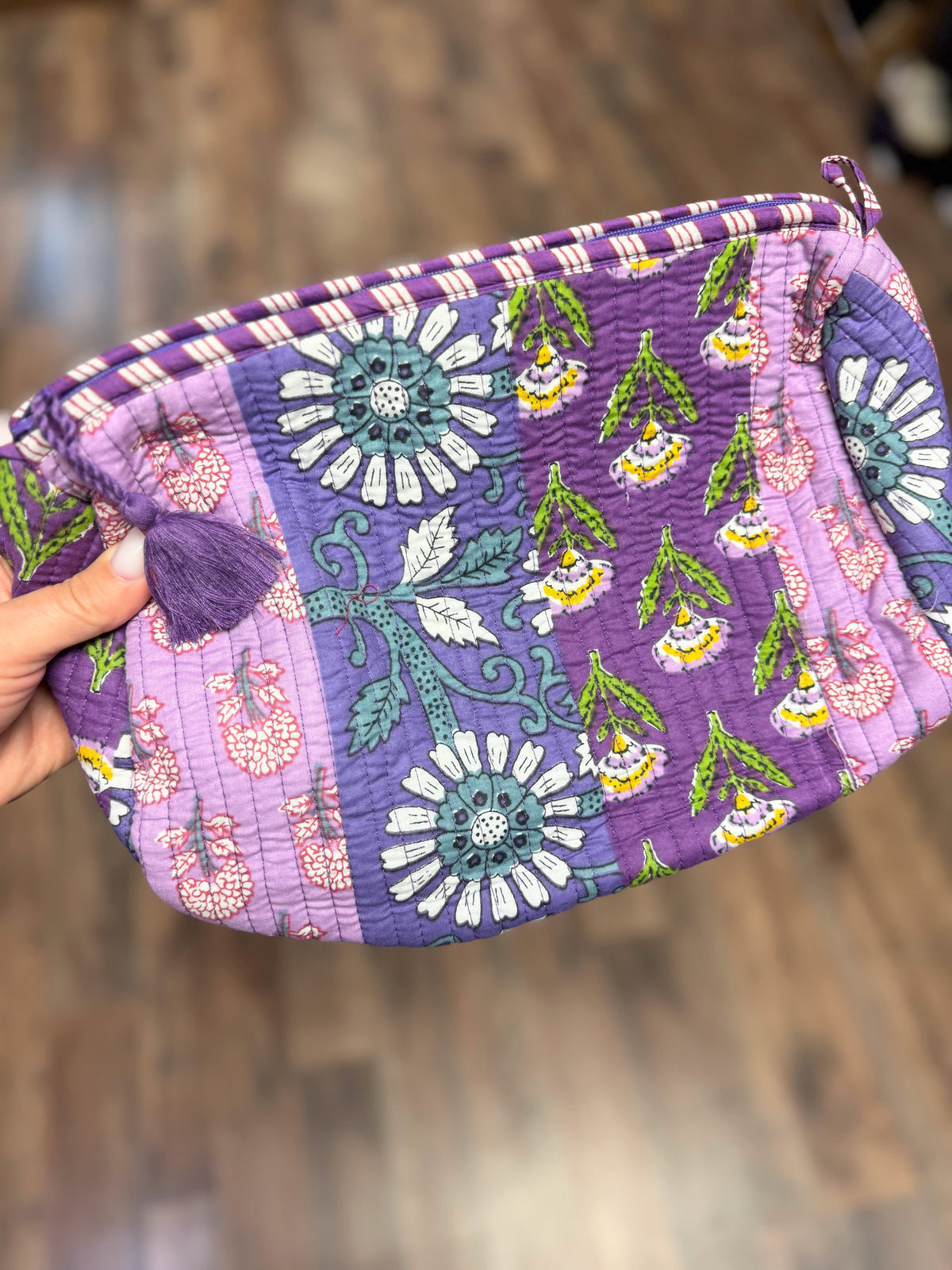 Large Quilted Mix Fabric Zip Cosmetic Bag | Purple Mix