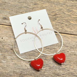 Heart Drop Gold Hoop Earrings | Red