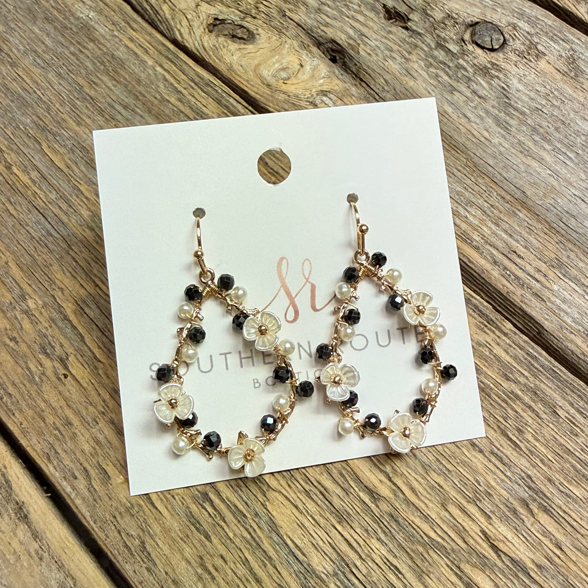 Floral Beaded Teardrop Earrings | Black
