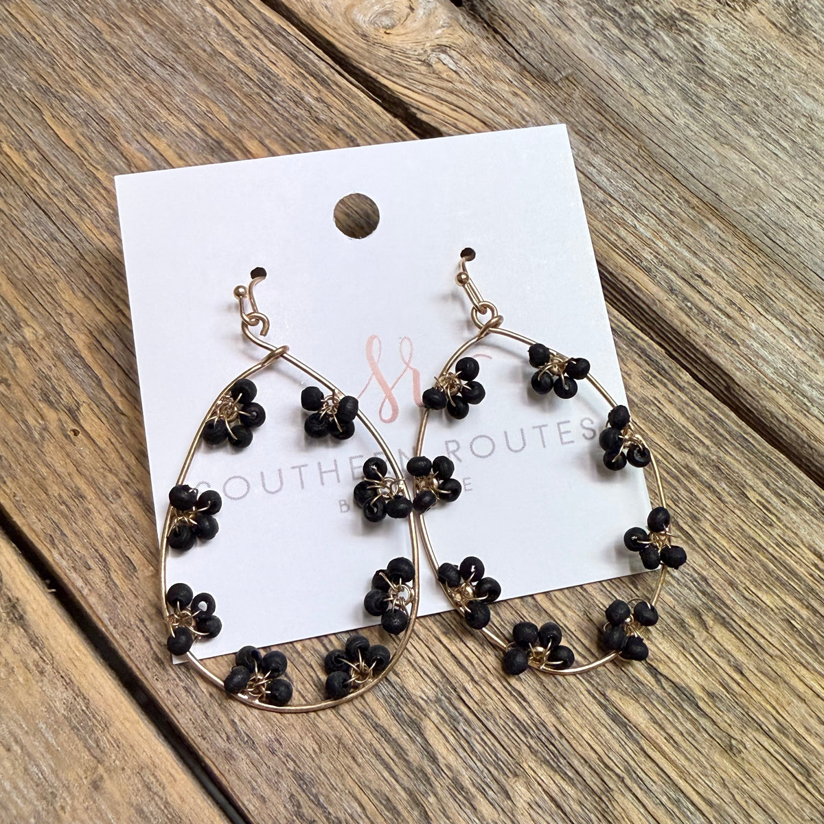 Wooden Floral Outline Teardrop Earrings | Black