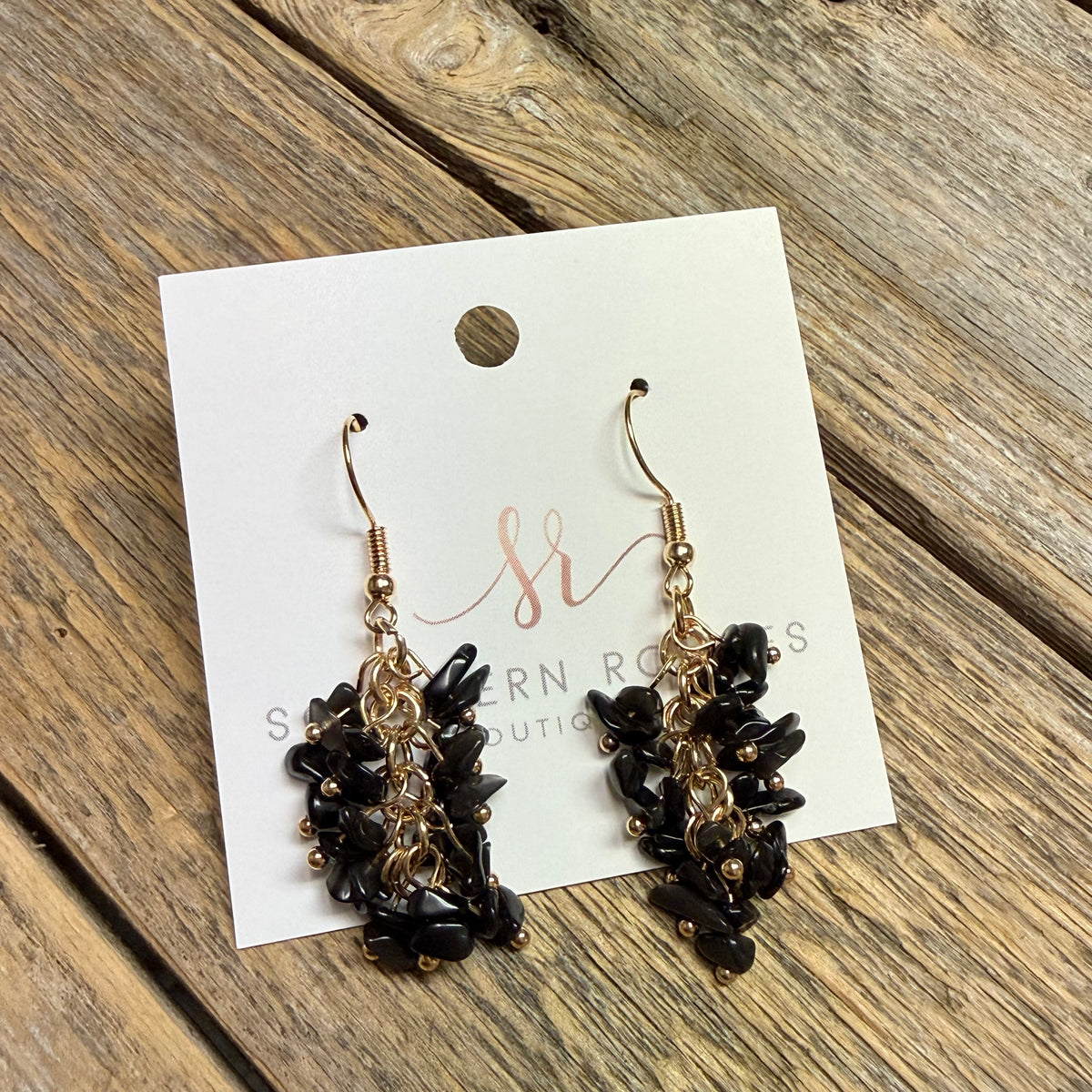 Beaded Stone Cluster Earrings | Black Mix