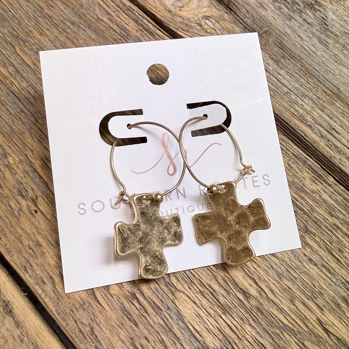 Hammered Cross Dangle Hoop Earrings | Gold