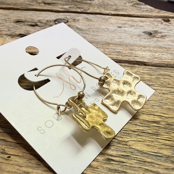Hammered Cross Dangle Hoop Earrings | Gold