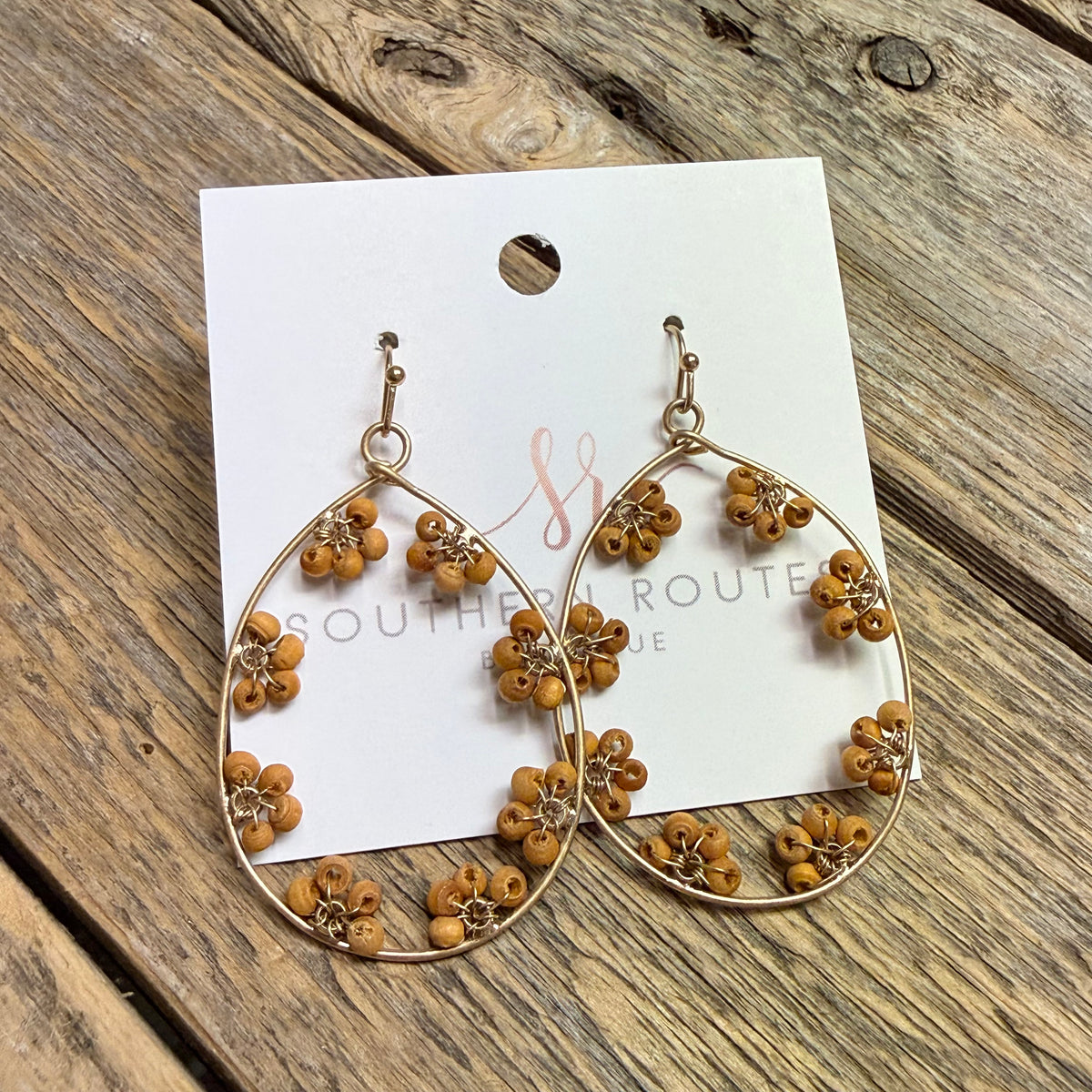 Wooden Floral Outline Teardrop Earrings | Brown
