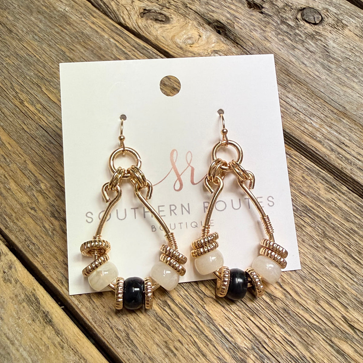 Glass Bead Double Hook Teardrop Earrings | Black/Cream
